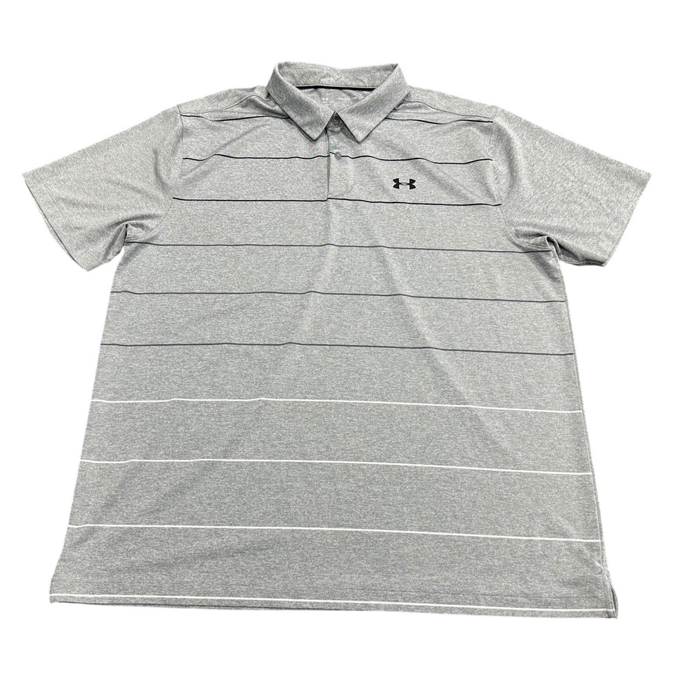 Under Armour Mens 2XL Gray Striped‎ HeatGear Performance Golf Polo Shirt Loose